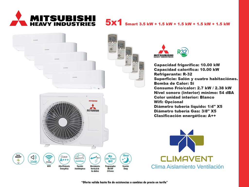 CONJUNTO 5X1 SPLIT PARED MITSUBISHI HEAVY SERIE SMART  10,00 kW (SALON Y CUATRO HABITACIONES)