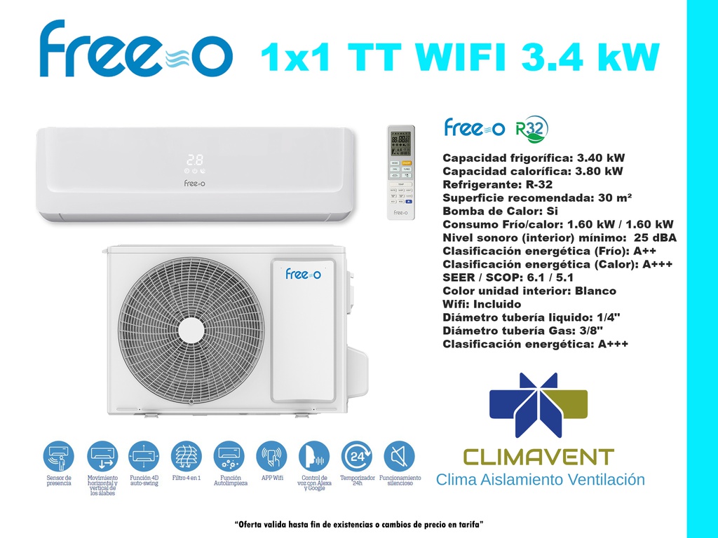 CONJUNTO 1X1 SPLIT PARED FREE-O 35 TT WIFI 3,4kW (30 m2)