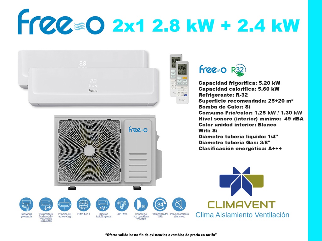 CONJUNTO 2X1 SPLIT PARED FREE-O TT 5,2kW (SALON Y HABITACION)