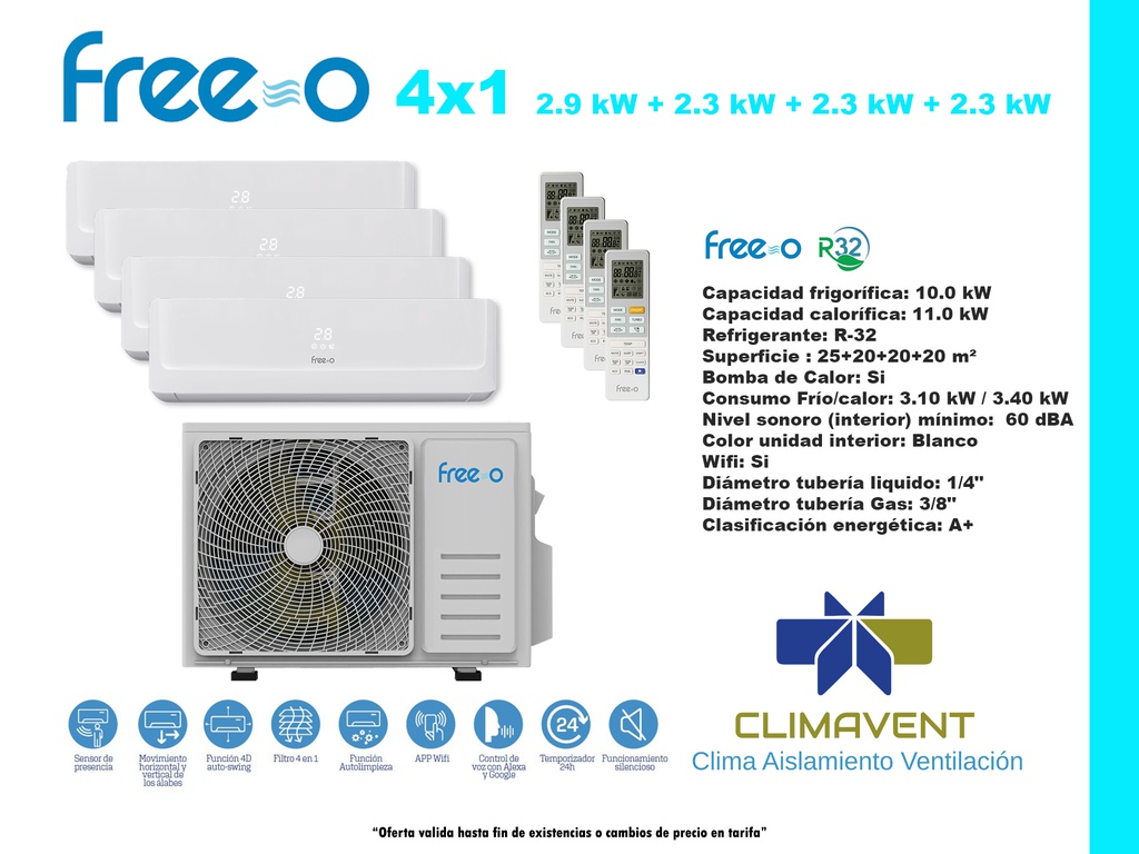 CONJUNTO 4X1 SPLIT PARED FREE-O TT 10.0kW (SALON Y TRES HABITACIONES)