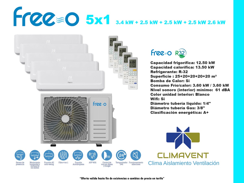 CONJUNTO 5X1 SPLIT PARED FREE-O TT 12.5kW (SALON Y CUATRO HABITACIONES)