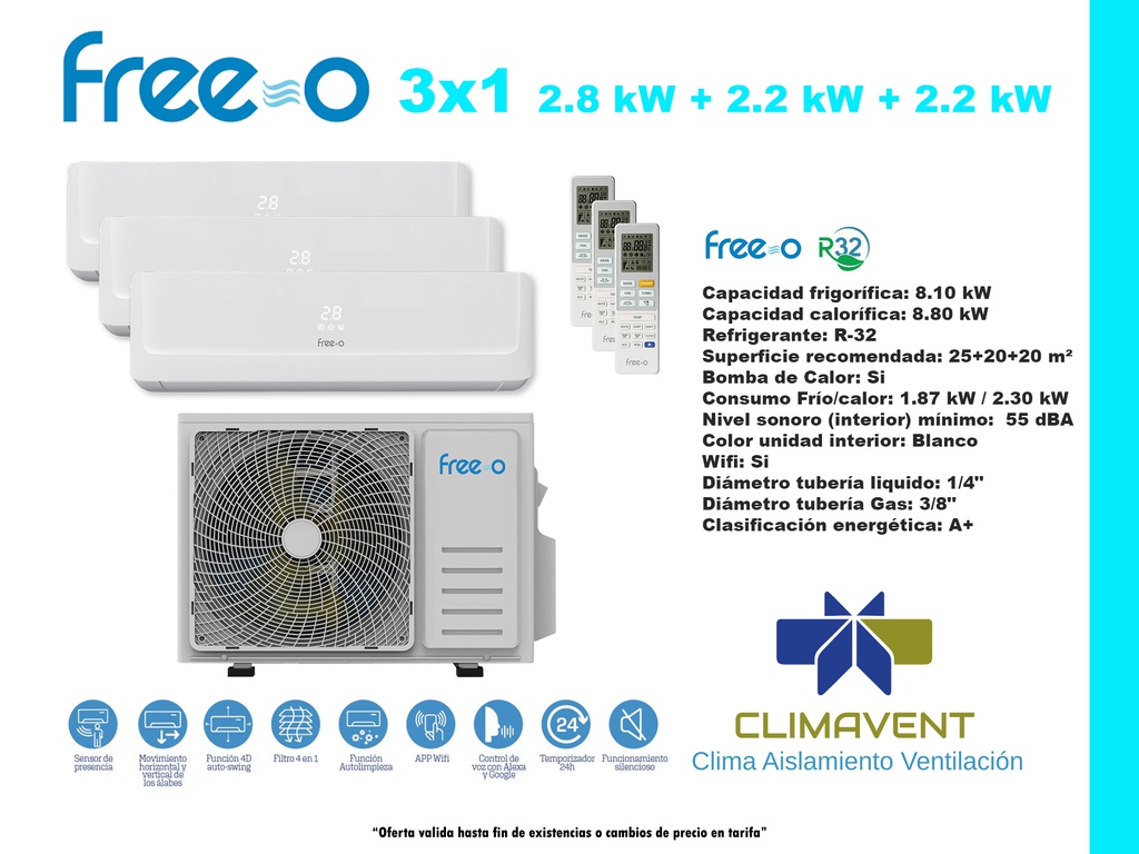 CONJUNTO 3X1 SPLIT PARED FREE-O TT 8.0kW (SALON Y 2 HABITACIONES)