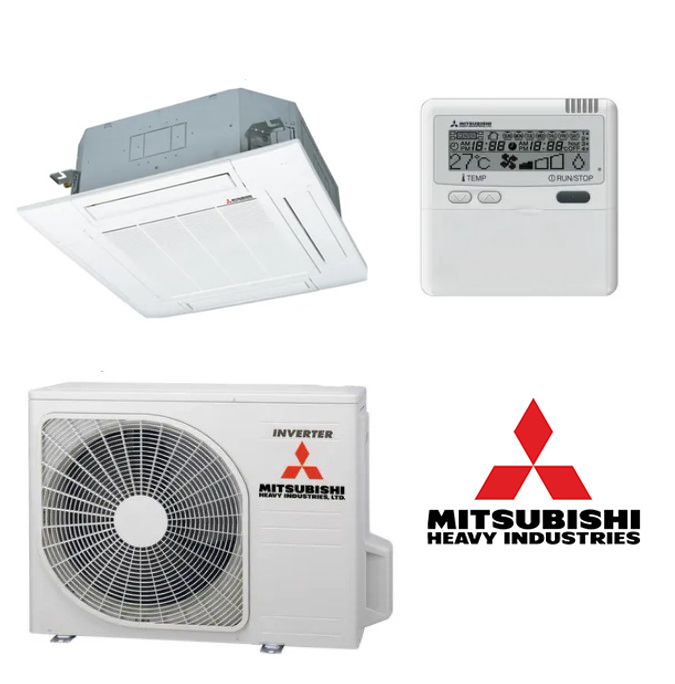 CONJUNTO 1X1 SPLIT CASSETTE 60x60 MITSUBISHI HEAVY SERIE MINI FDTC(N)35VHN-W DE 3.65 kW EN FRIO Y 4,25 kW EN CALOR.