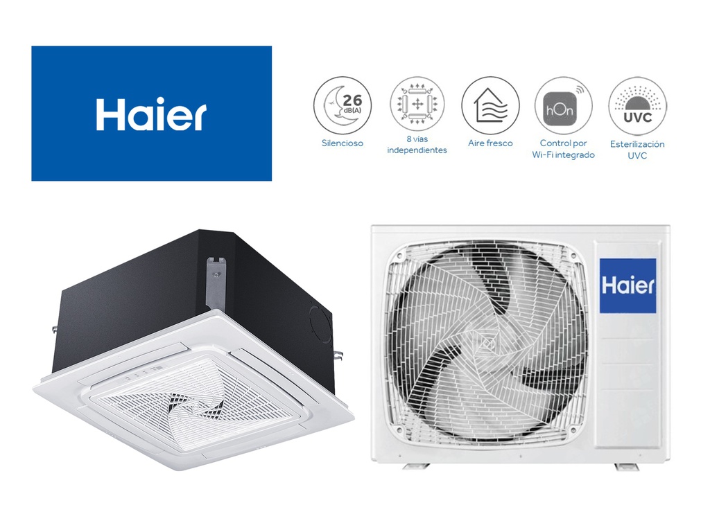 CONJUNTO 1X1 CASSETTE 71 90x90 ROUND-FLOW HEALTH CON DE HAIER 7,10 kW EN FRIO Y 8,00 kW EN CALOR.