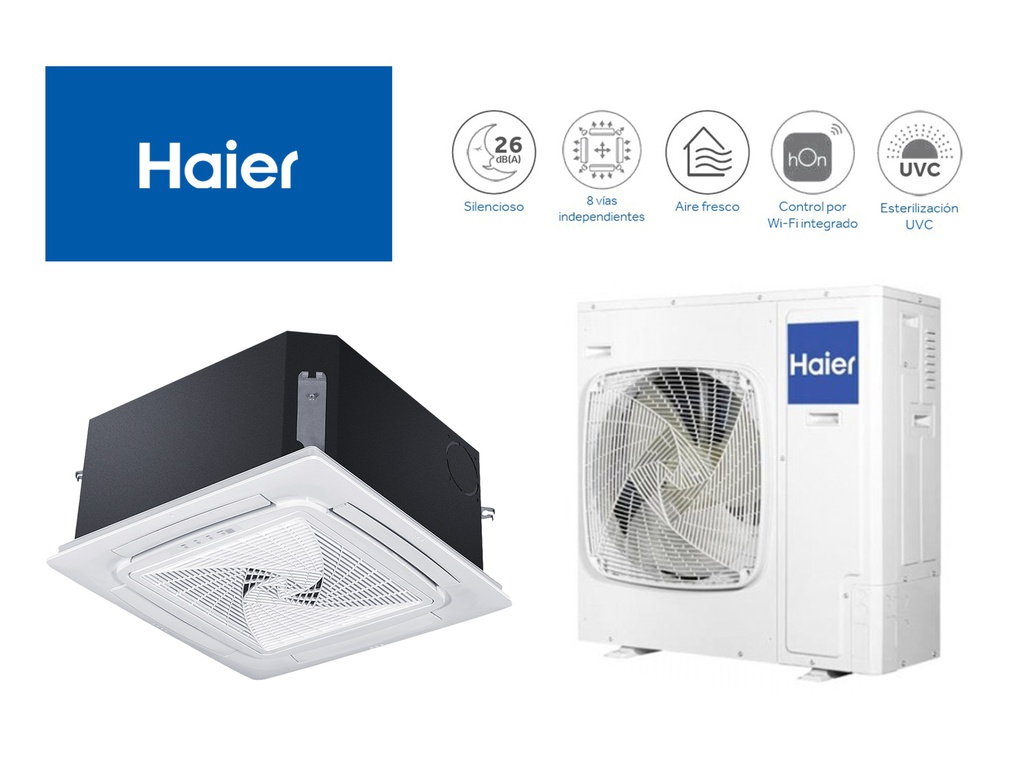 CONJUNTO 1X1 CASSETTE 125 90x90 ROUND-FLOW HEALTH CON DE HAIER 12,30 kW EN FRIO Y 12,80 kW EN CALOR.